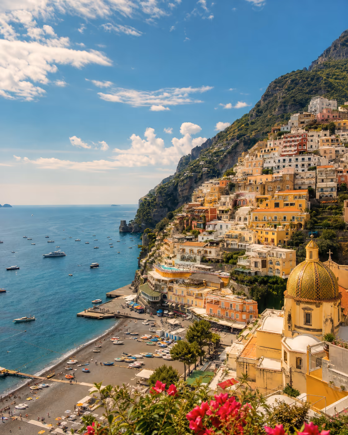 Amalfi Coast golden-hour cliffside β Positano coastal village perched above the Tyrrhenian Sea